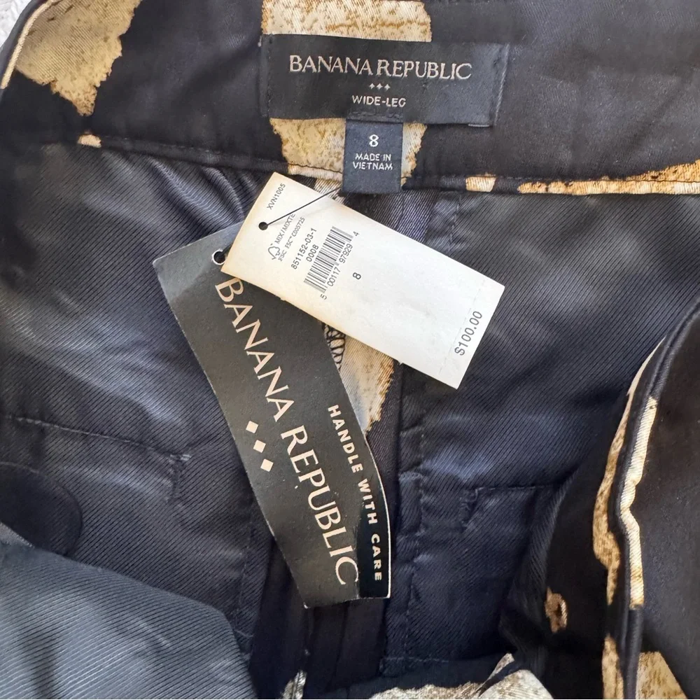 NWT Banana Republic Silky Black and Tan Leaf Print Wide Leg Women's Pants Size 8 - Picture 6 of 11